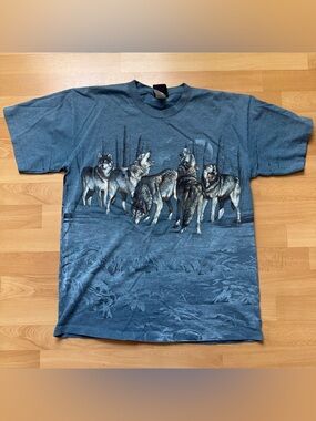 Vintage 90s Wolf AOP Animal Print graphic Tee Single Stitch Mens Size Large